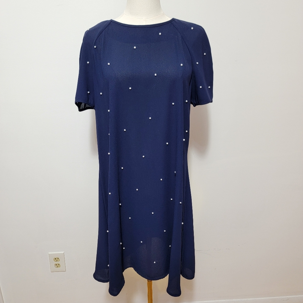 Vintage Karin Stevens Size 12 Sheer Short Sleeve Navy Blue Dress Pearls Studs